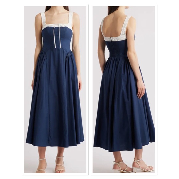 Moon River Dresses & Skirts - Moon River Blue White Smocked Fit Flare Midi Dress Cotton Milkmaid Cottage XS